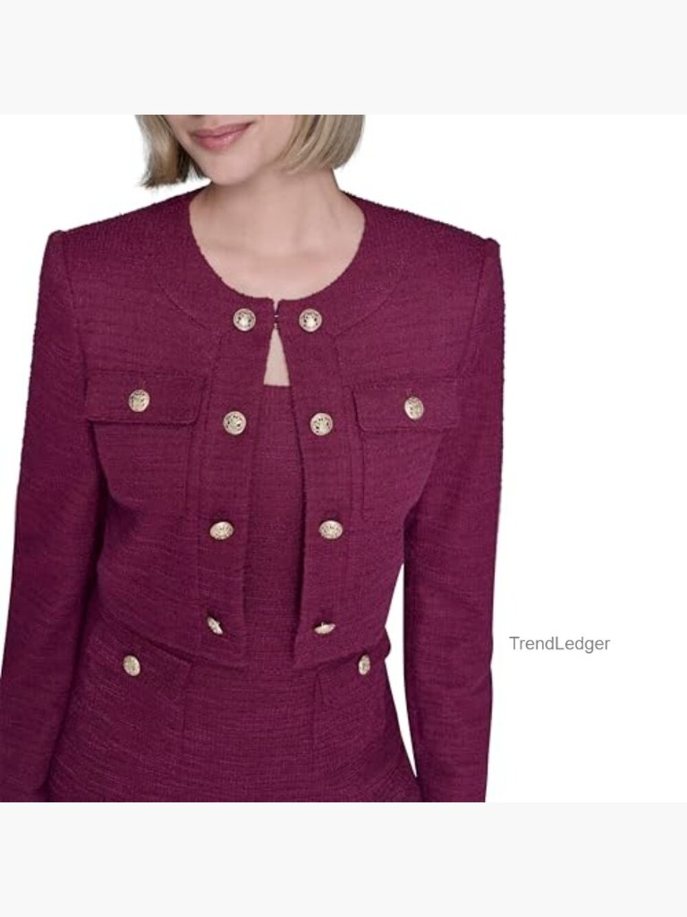 Tweed Cropped Blazer with Pockets Long Sleeve Stretch Texture - Picture 5 of 5